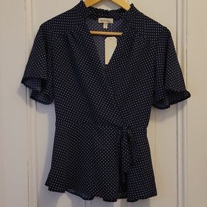 Textured V-Neck Blouse Blue with white polka dots